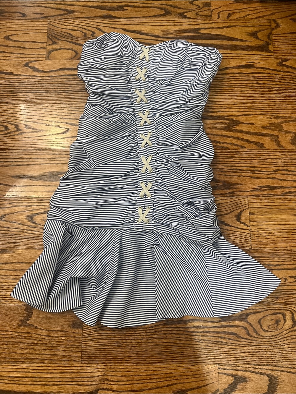 Veronica Beard Navy & White Strapless Ruched Ruffle Dress